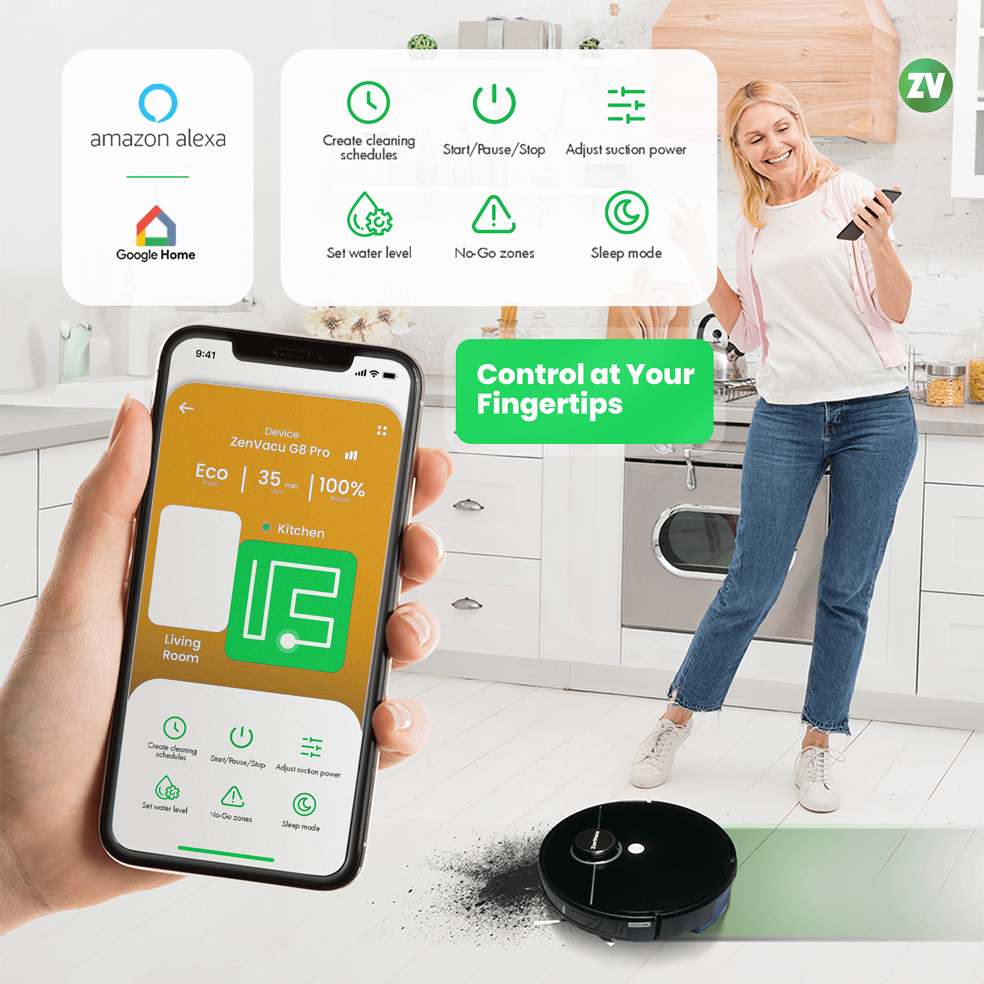 Easy App Control with the ZenVacu G8 Pro Robot Vacuum, also smartly controlled with Alexa and Google Home