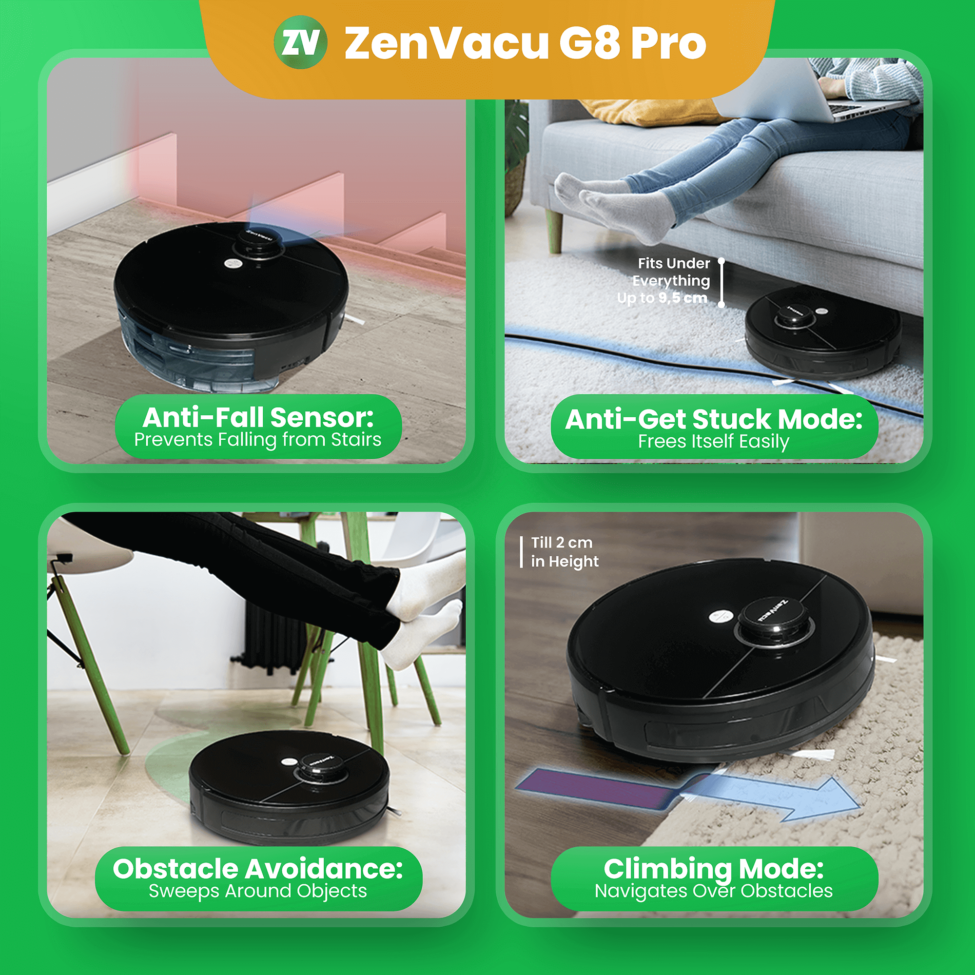 ZenVacu G8 Pro: Advanced Safety Systems, Anti-Fall Sensor, Anti-Stuck Mode, Obstacle Avoidance, and Climbing Mode for Seamless Performance. Ensure the safety and efficiency of your home cleaning with these cutting-edge features.